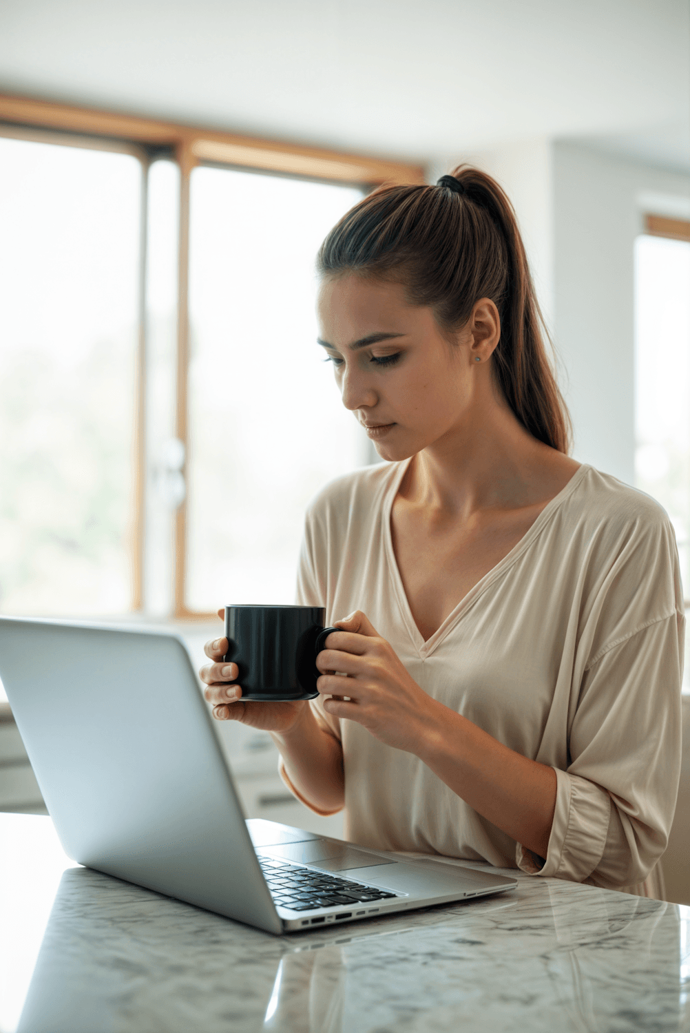 Student holding a coffee mug while working on a laptop by a sunny window