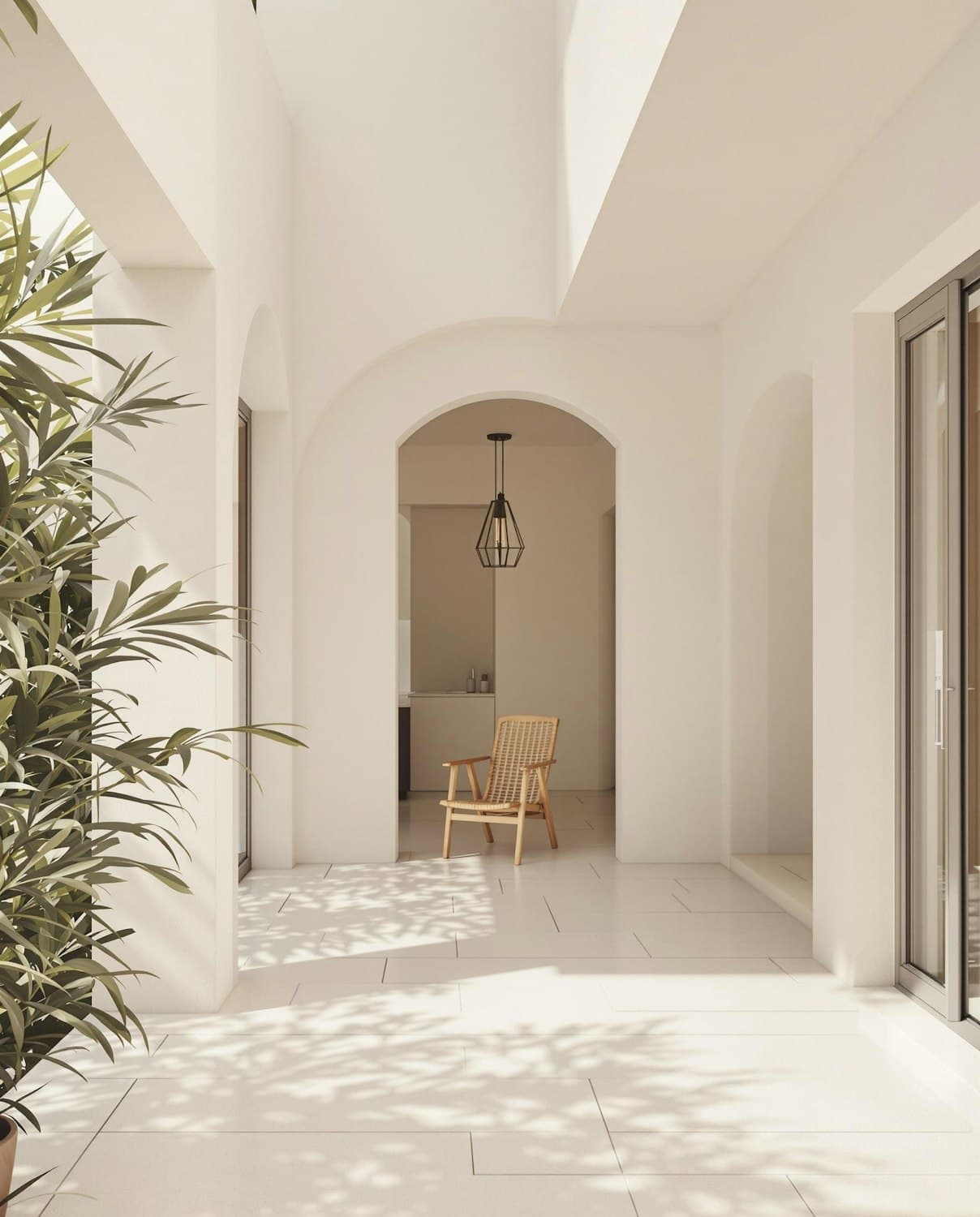 Quiet sunlit hallway with a single wooden chair beneath an archway