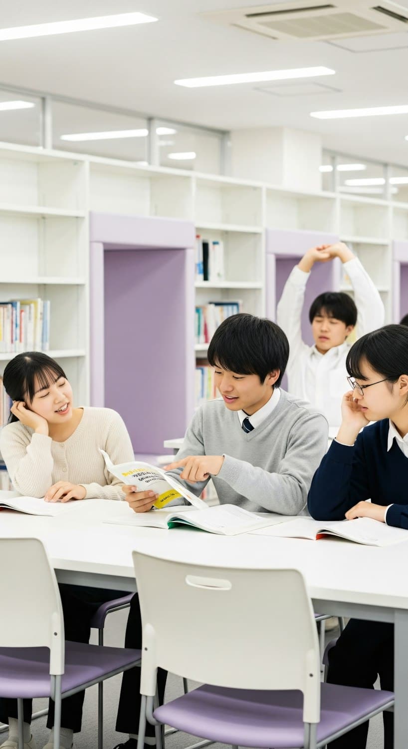 Students reading at a long white table in a bright university library